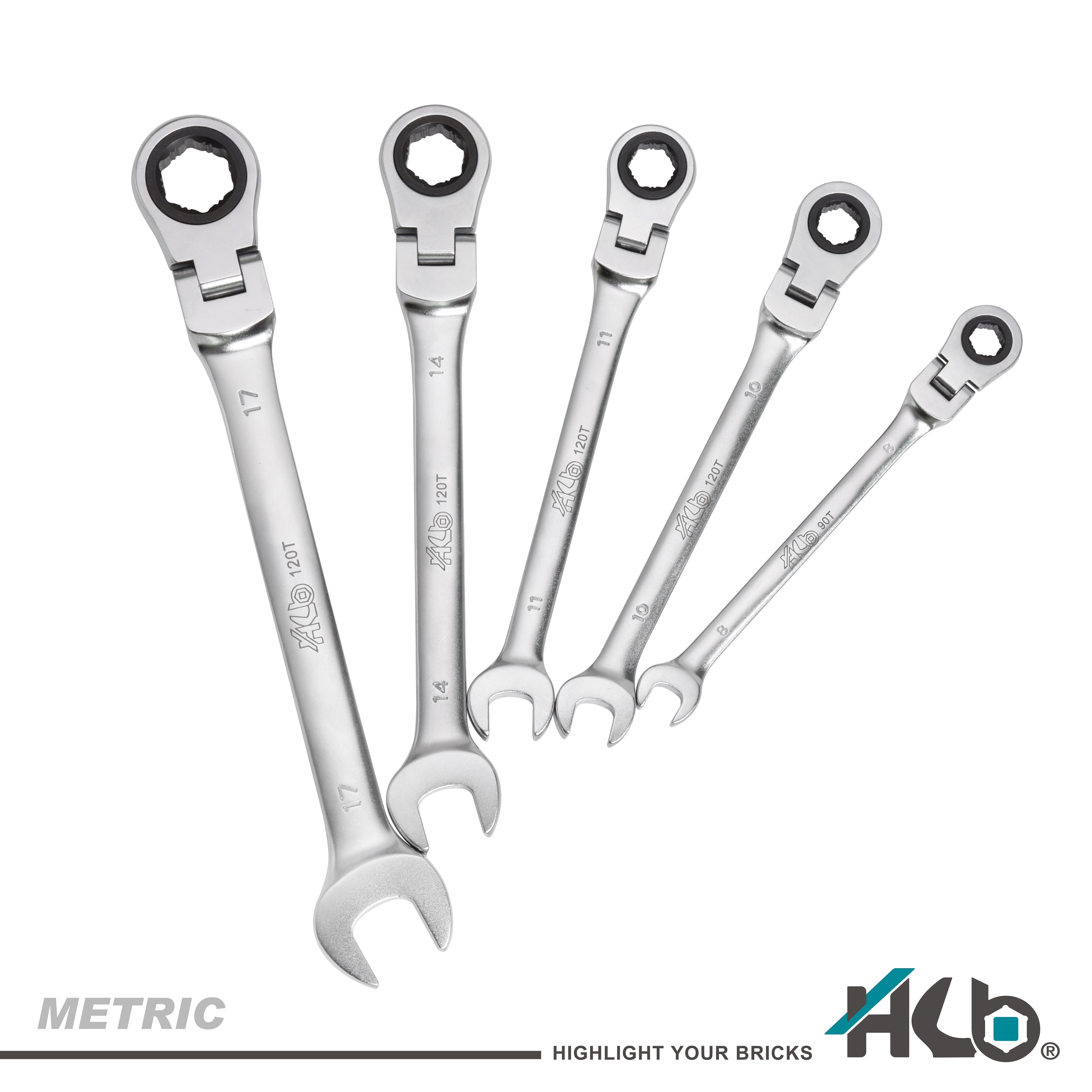 HB 5-Piece Ratchet Wrench Set WGM003-U | 90T & 120T Non-Slip Flex Head 180° Reversible Metric Wrenches 8–17mm Patented Grip Plus Rounded Bolt Remover Storage Rack Made in Taiwan