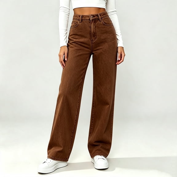 BRELIL Women Plus Size Wide Leg High Waisted Casual Streetwear Loose Long Pants Jeans, Brown 2XL