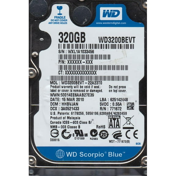 WD3200BEVT-22A23T0, DCM HHBVJAN, Western Digital 320GB SATA 2.5 Hard Drive