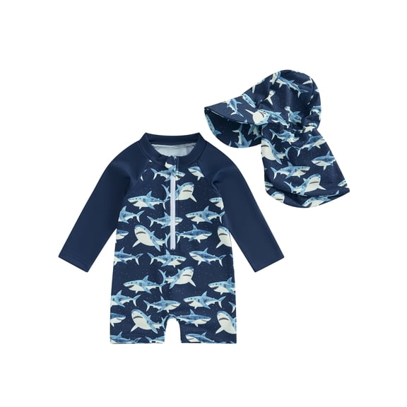BemeyourBBs Toddler Baby Boy Girl One Piece Swimsuit with Sunhat Set Newborn Infant Bathing Suit Long Sleeve Rash Guard Half Zipper Sea Animal Shark Swimwear Beachwear UPF 50