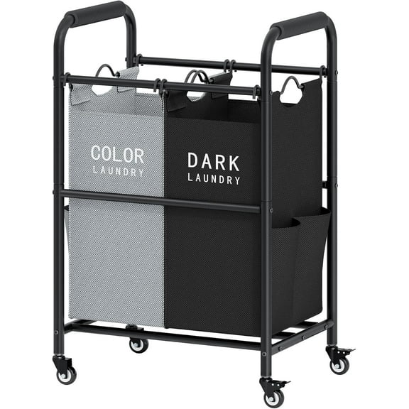 2 Bag Laundry Sorter Cart, Laundry Hamper Sorter Basket with Heavy Duty Lockable Rolling Wheels for Clothes Storage, Black & Grey