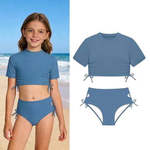Girls Two Piece Swimsuit Short Sleeve Crop Top Girls Swim Suits with Chest Pad Swimsuit for Girls 5-6 Years