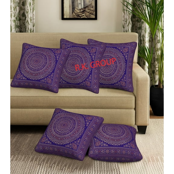 Indian 5 PC Bohemian Brocade Decorative Throw Pillow Covers Couch Shams 20x20 Traditional Jacquard Sofa Bedroom Cushion Covers Polydupion Silk Mandala Square Pillowcases(Purple 20X20 inches)