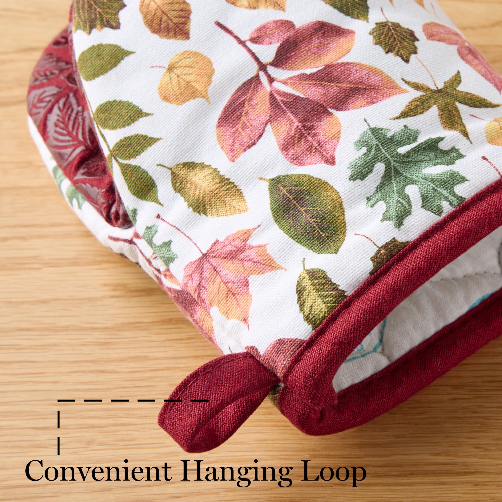 MARTHA STWEART Autumn Harvest Falling Leaves Mini Oven Mitt 2-Pack Set, 100% Cotton with Decorative Non-Slip Silicone Grip, Heat Resistant, Tan/Red/Green, 5.5"X8"