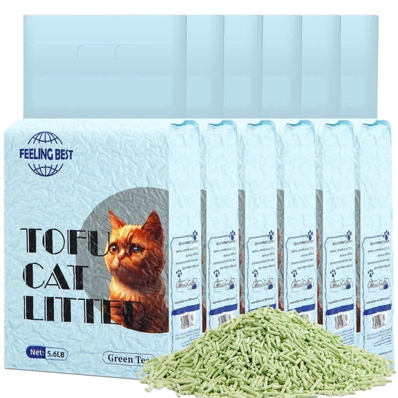 Tofu Cat Litter 33.6 LB GR(5.6 lb×6 bag) Clumping fast, 100% Food Grade Raw Materials, Flush able,Ultra Absorbent and Fast Drying,Solubility in Water,Really Dust-Free,Less Scattering