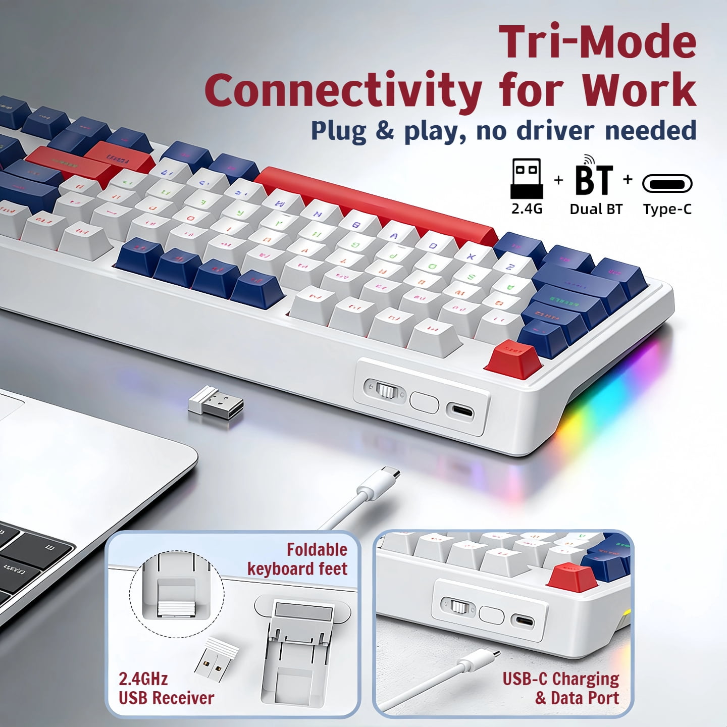 Tri-Mode Wireless Mechanical Gaming Keyboard, 99-Key + Knob, Dual Bluetooth+2.4G+Wired, 4000mAh, Hot-Swappable RGB, for PC/Laptop/Tablet/Xbox/PS5 - White & Blue