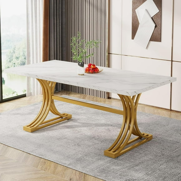 63-Inch Rectangular Dining Table for 4 to 6, Modern Kitchen Table with Stylish Metal Trestle Legs