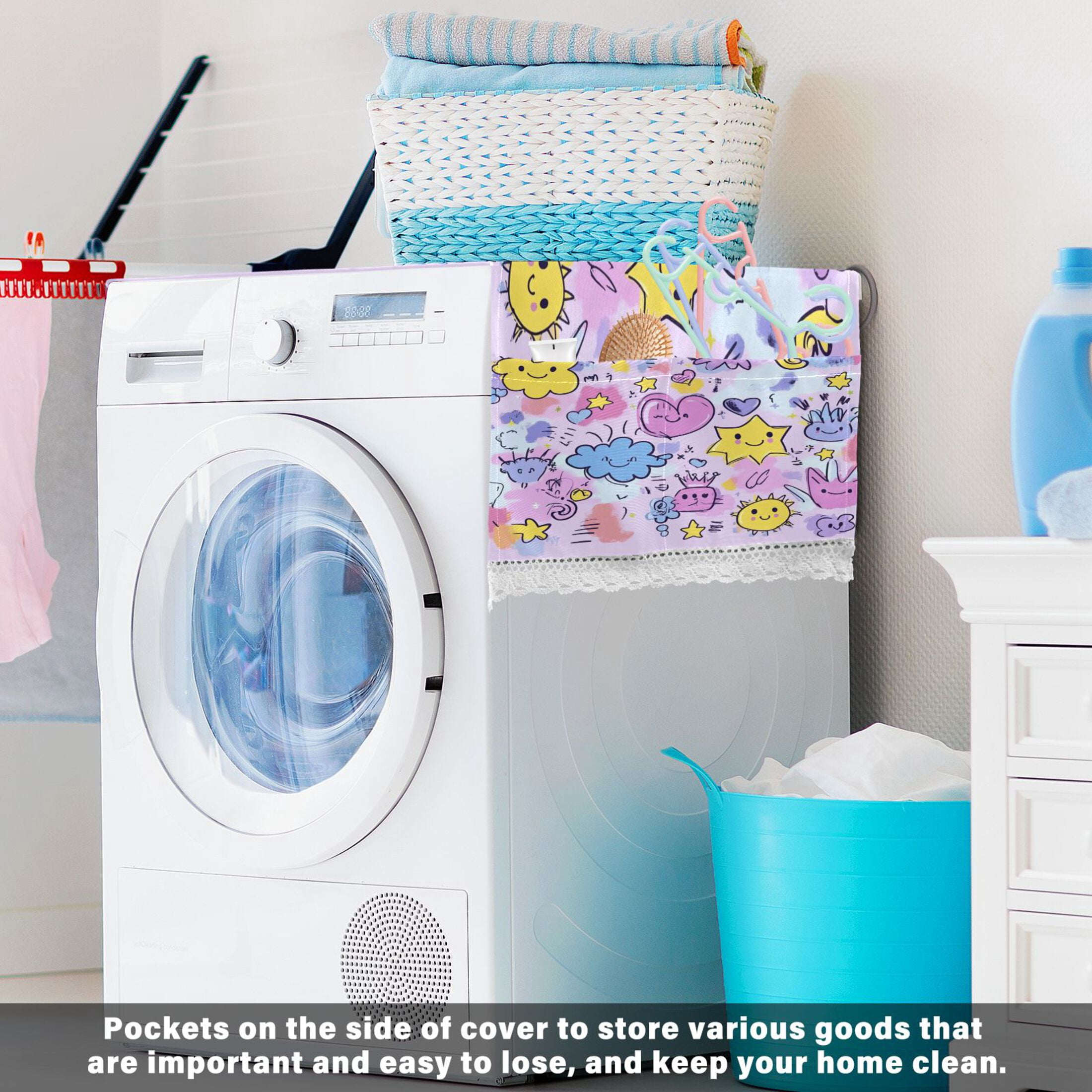 Washing Machine Cover 51.2x22in, Durable Polyester Dust Cover with Lace Trim and Side Pocket for Appliances Graffiti Elements Pattern