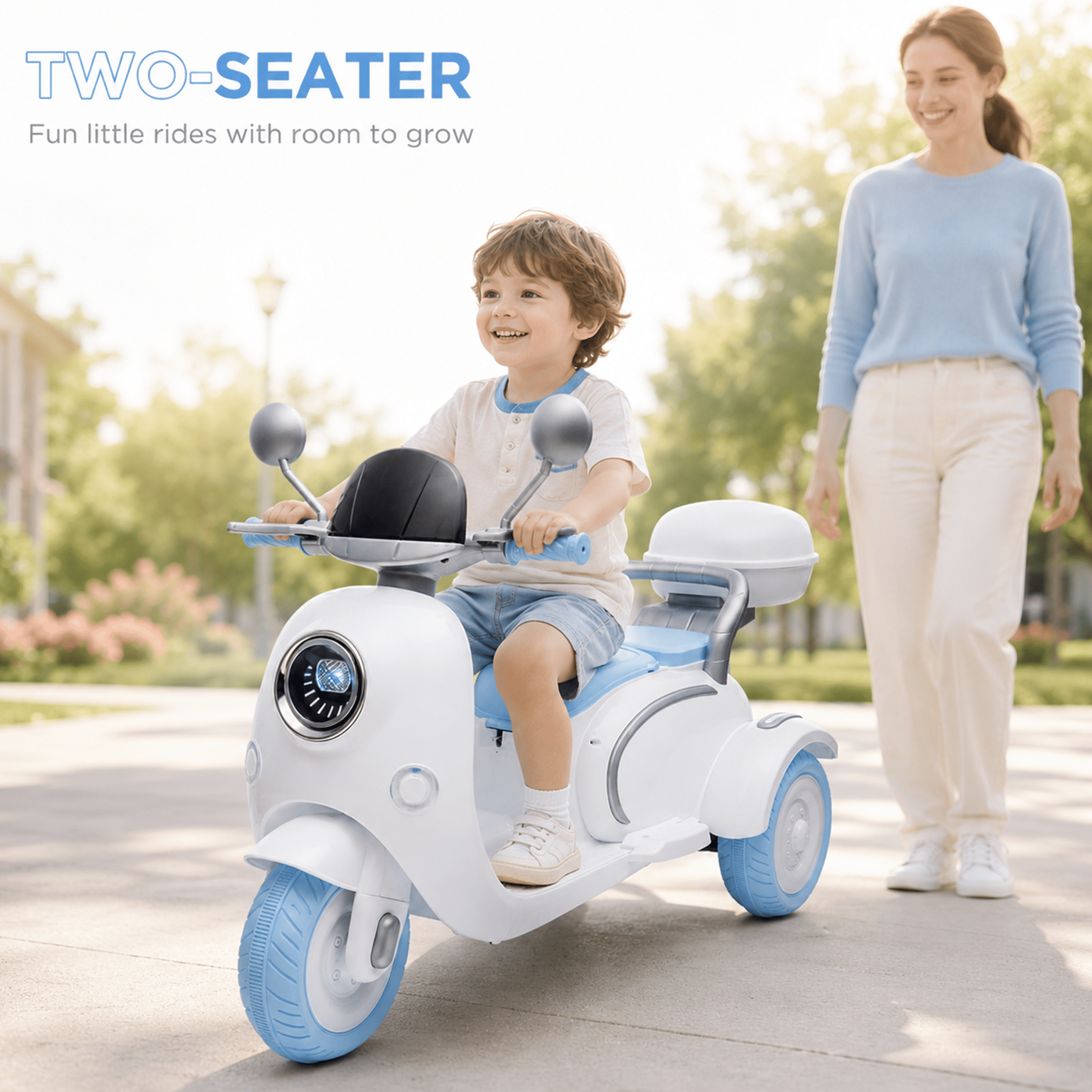 12V Electric Motorcycle for Kids, 2 Seater Battery Power Ride on Motorcycle Toys with Slow Start, LED, Music, USB, 3 Wheel Electric Motorcycle for Boy Girl Birthday Gift, Blue