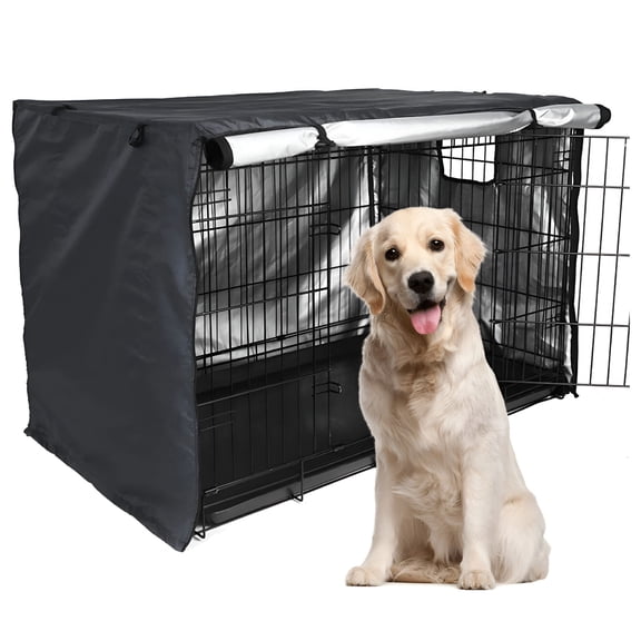 LAMIRO Pet Cover Sunshade Breathable Good Ventilation Waterproof Oxford Cloth Double Door Dog Crate Cover Pet Supply, Black, XL