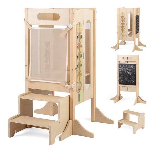 Gymax Toddler Kitchen Step Stool w/Chalkboard Detachable Safety Net Montessori Games