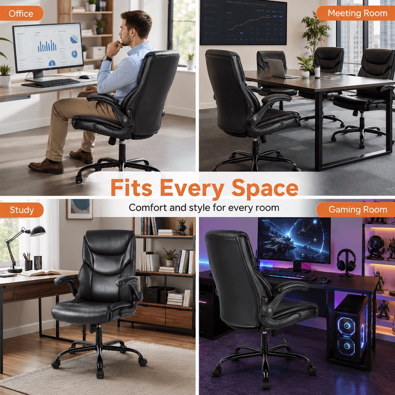 Ergonomic PU Leather Executive Office Chair, Adjustable Height Desk Chair with Lumbar Support, Wide Seat, 360° Swivel and Quiet Wheels, Black