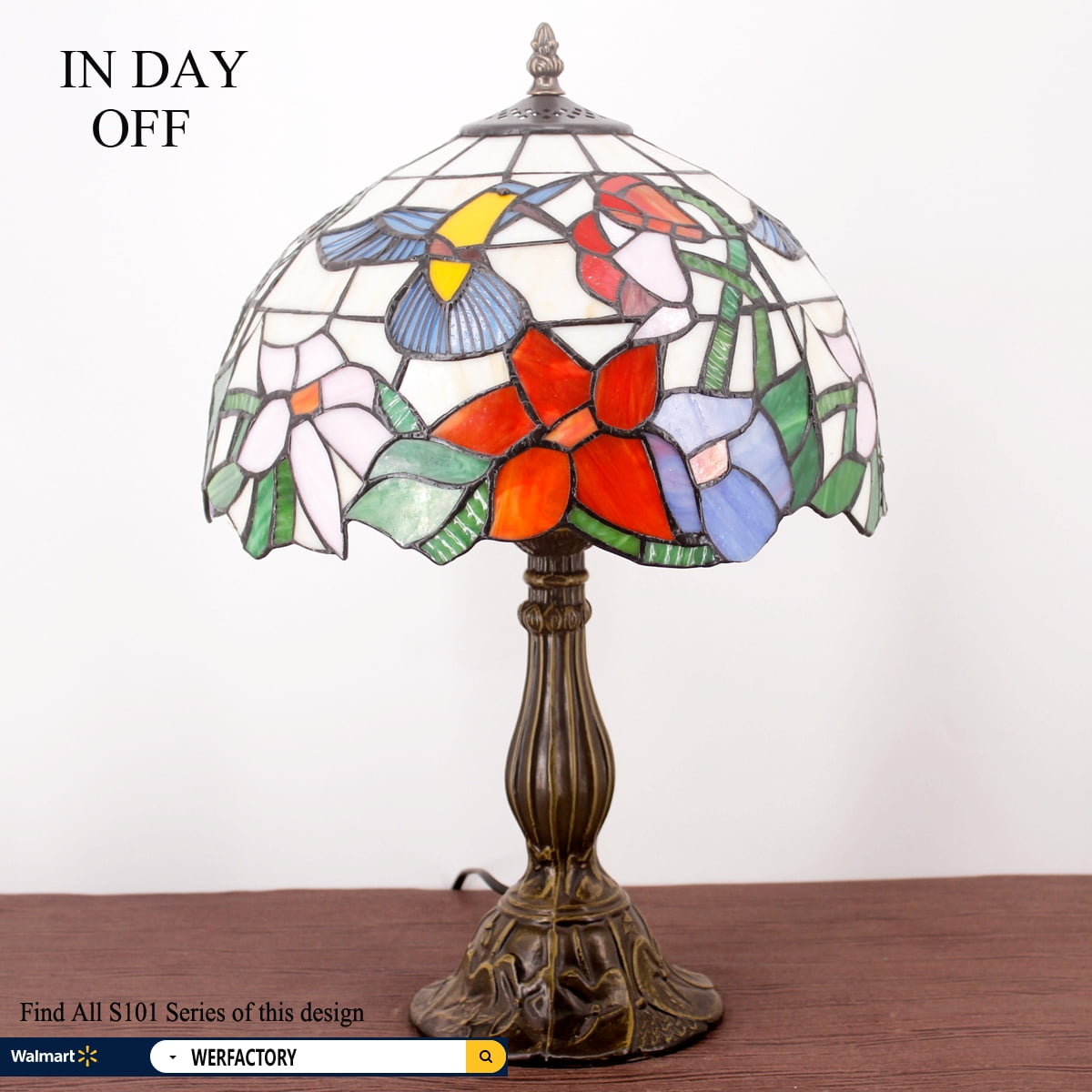 Tiffany Lamp W12H18 Inch Hummingbird Stained Glass Reading Table Bedside Desk Light S101 WERFACTORY Lamps Antique Art Craft Gift Parent Girlfriend Lover Kid Living Room Bedroom Study Coffee Bar Deco