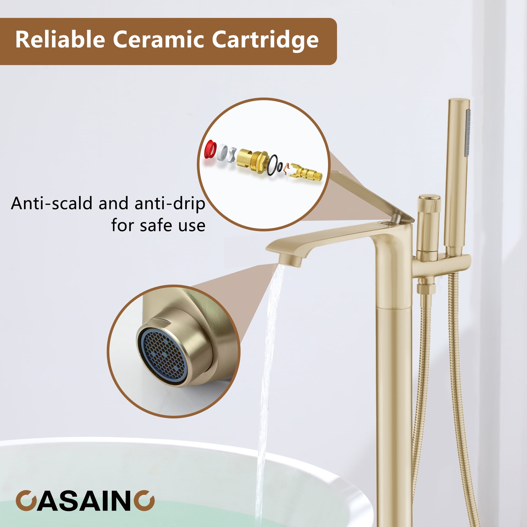 CASAINC Single-Handle Freestanding Floor Mount Tub Filler Faucet with Handheld Shower in Brushed Gold