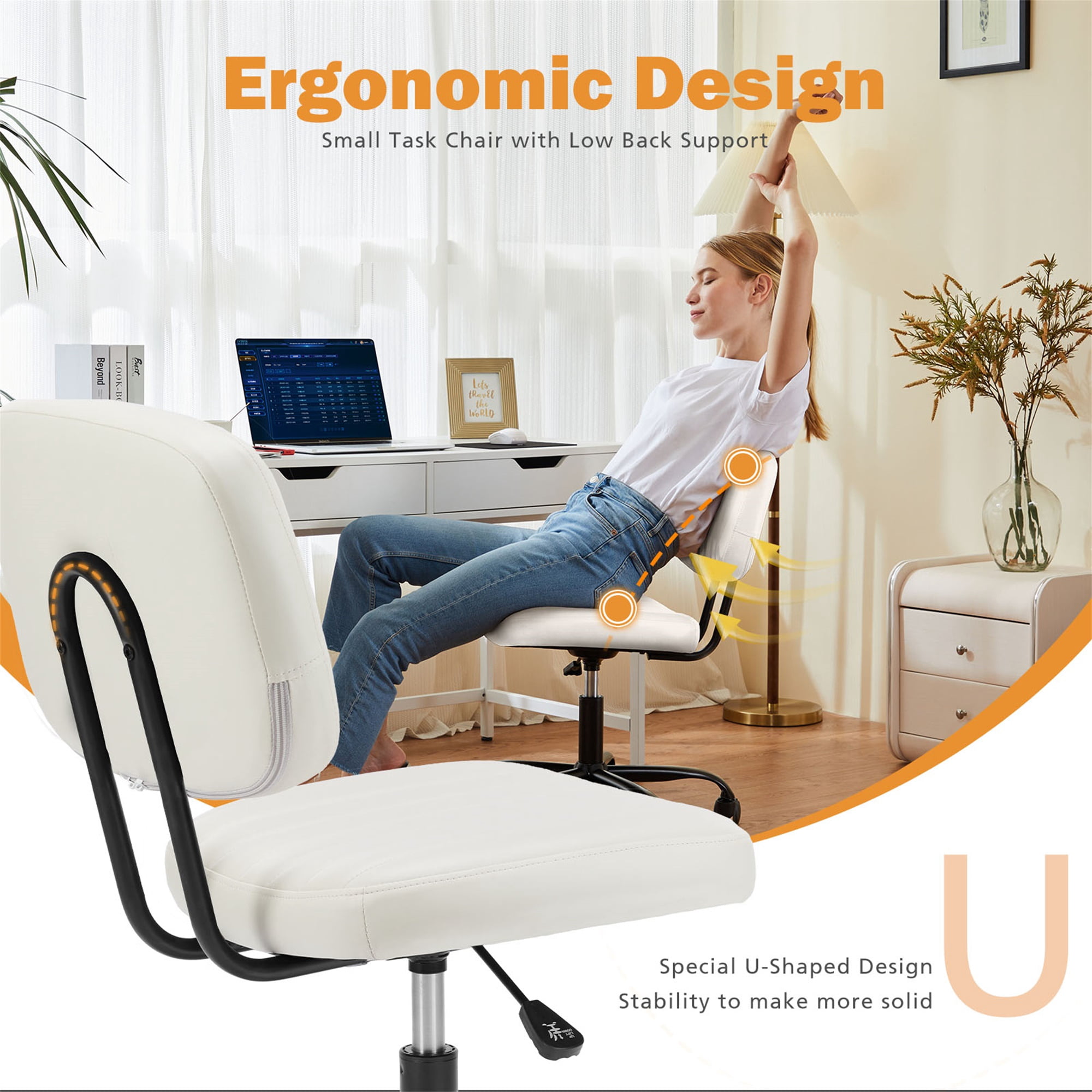 Spaco Small Home Office Chair,Cross Legged Armless Wide Adjustable Swivel Padded Fabric Home Office Desk Chair with Wheel, White