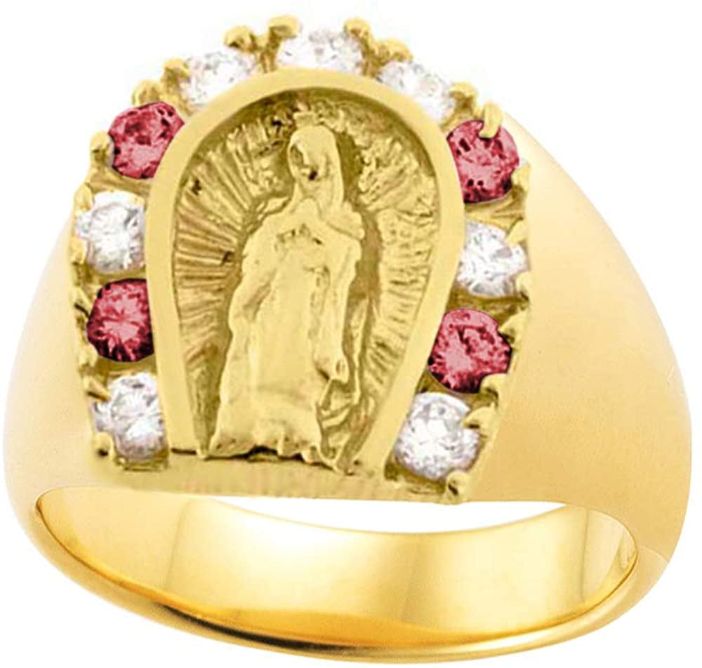 Savlano 18K Yellow Gold Plated Horseshoe Lady of Guadalupe Virgin Mary with  Round Cut White & Red Cubic Zirconia Women's Girl's Religious Ring