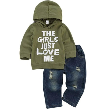 

Toddler Baby Boy Girl Outfits Long Sleeve Hoodie Tracksuit Letter Printing T-Shirt Top Jeans Spring Fall Clothes Set