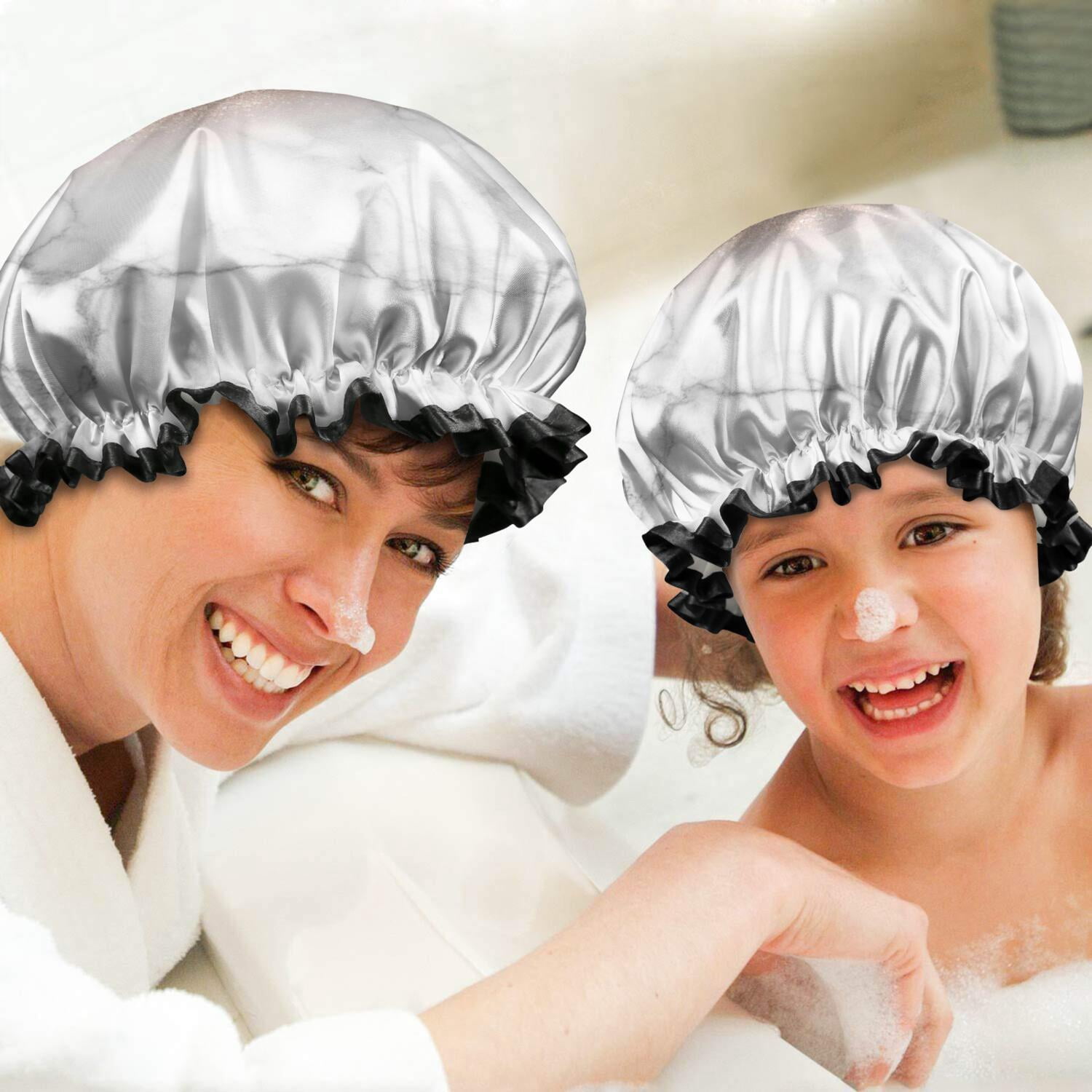Shower Caps,Pink Glitter White Marble Pattern Waterproof Shower Cap for Women 4 Pieces,Double Reusable Hair Cover for Shower PEVA Elastic Stretch Hem