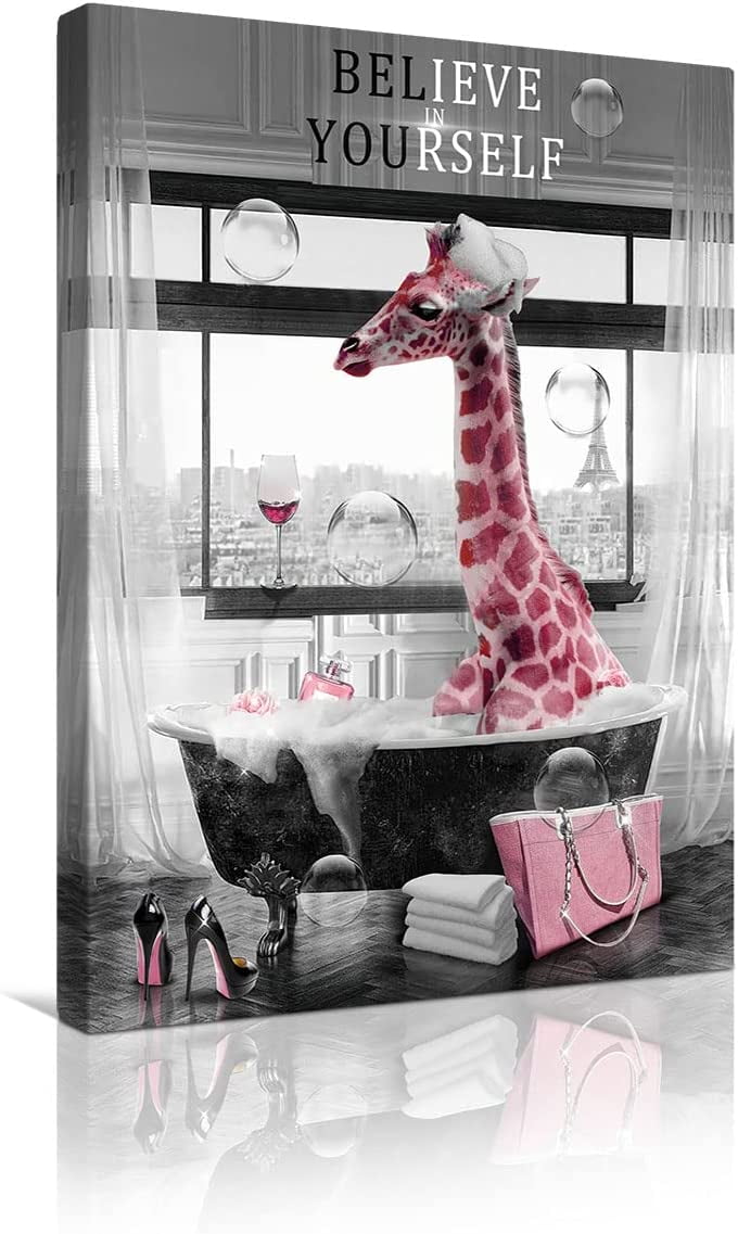Pink Giraffe Canvas Wall Art Funny Animal Giraffe Bathing In The