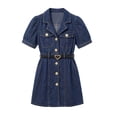 thumbnail image 7 of SDNall Girls Puff Sleeve Denim Shirt Dress, Collared Front Button Placket Belted Waist Soft Stretchy Casual Sundress, Campus Playdate Family Trips Daily Summer Dresses for Girls 1-14 Years, 7 of 7