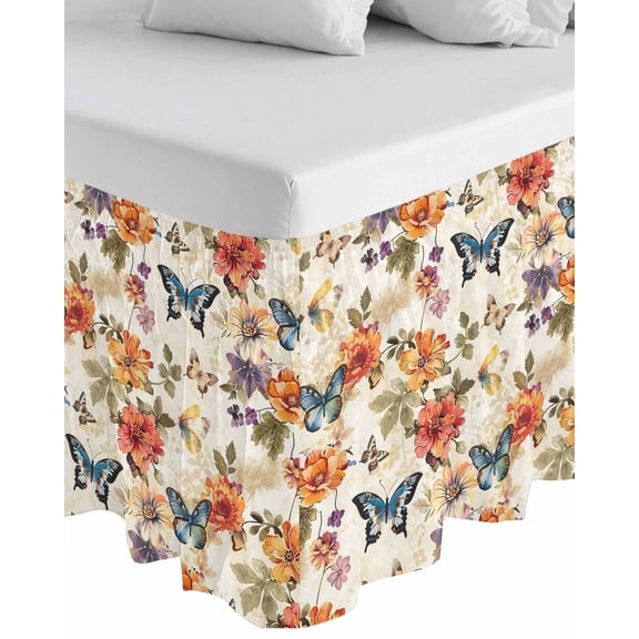 Spring Floral Wrap Around Bed Skirts for King Bed 18" Drop,Bed Skirt with Adjustable Elastic Belt Dust Ruffle Bed Valance for Bedroom Hotel Luxury Colorful Vintage Botanical Butterfly Bed Frame Cover