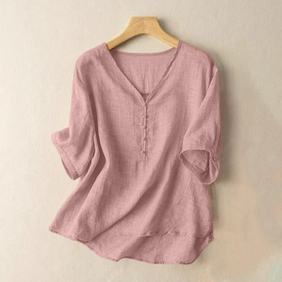 Lixiuxyad Flowy Tops Loose Fit Summer Loose Fit Pure Color V Neck Linen T Shirt Women's Casual Short Sleeve Top,Pink