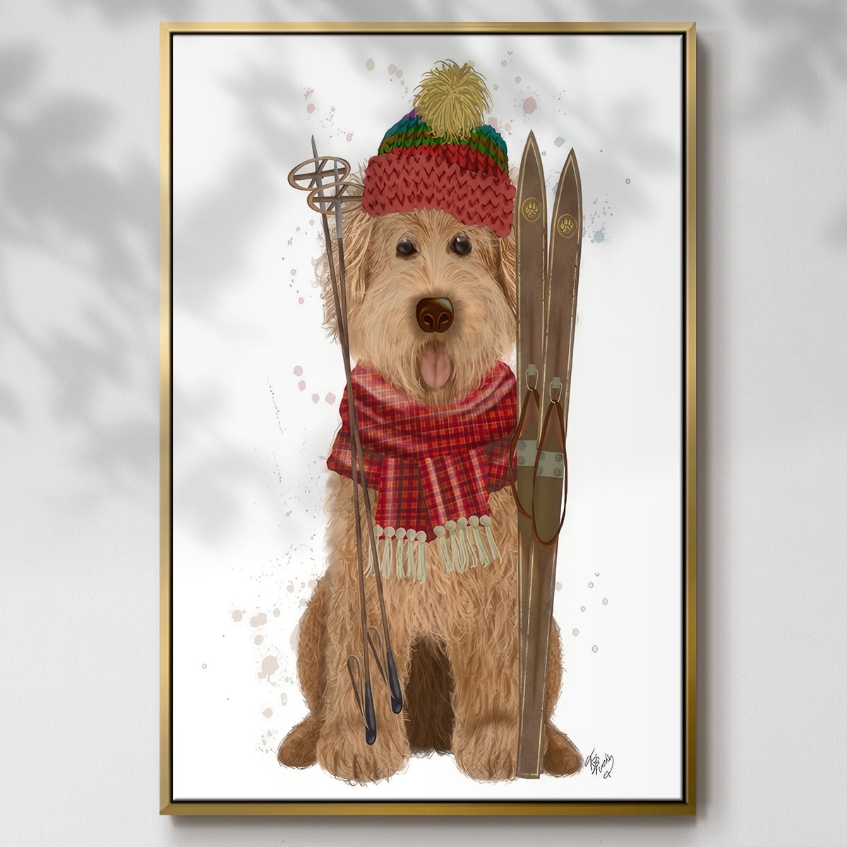 Goldendoodle Ski Dog - Framed Gallery Wrapped Holiday Canvas - 17 x 25 - Gold Frame