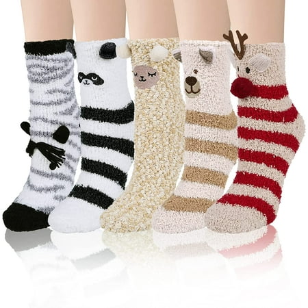 

QWZNDZGR 5 Pairs Womens Fuzzy Socks Cozy Soft Fluffy Cute Cat Animal Winter Warm Slipper Socks Christmas Stocking Stuffers Gifts