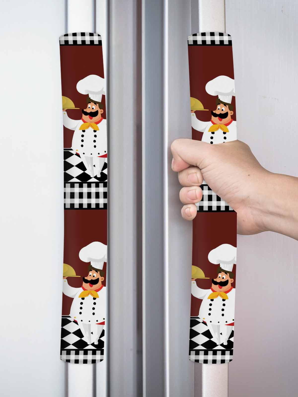 Red Kitchen Chef Refrigerator Door Handle Covers Set of 2, Black Plaid Gourmet Food Vintage Kitchen Fridge Microwave Oven Dishwasher Stove Cabinet Handle Protectors, Washable Appliance Decor