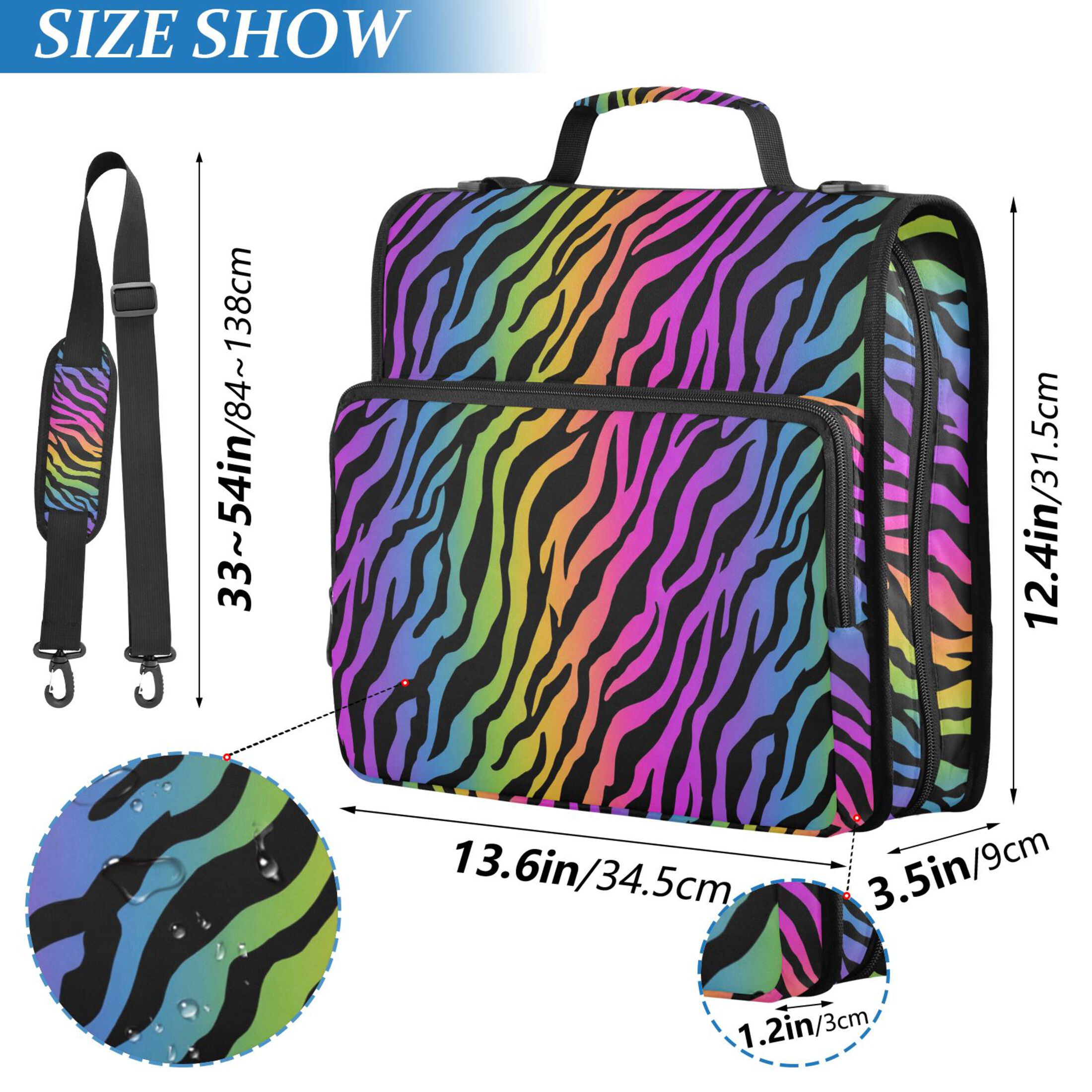 Zipper Binder Rainbow Zebra Stripes 1.5 Inch Binder Folder Bag with Shoulder Strap and Handle