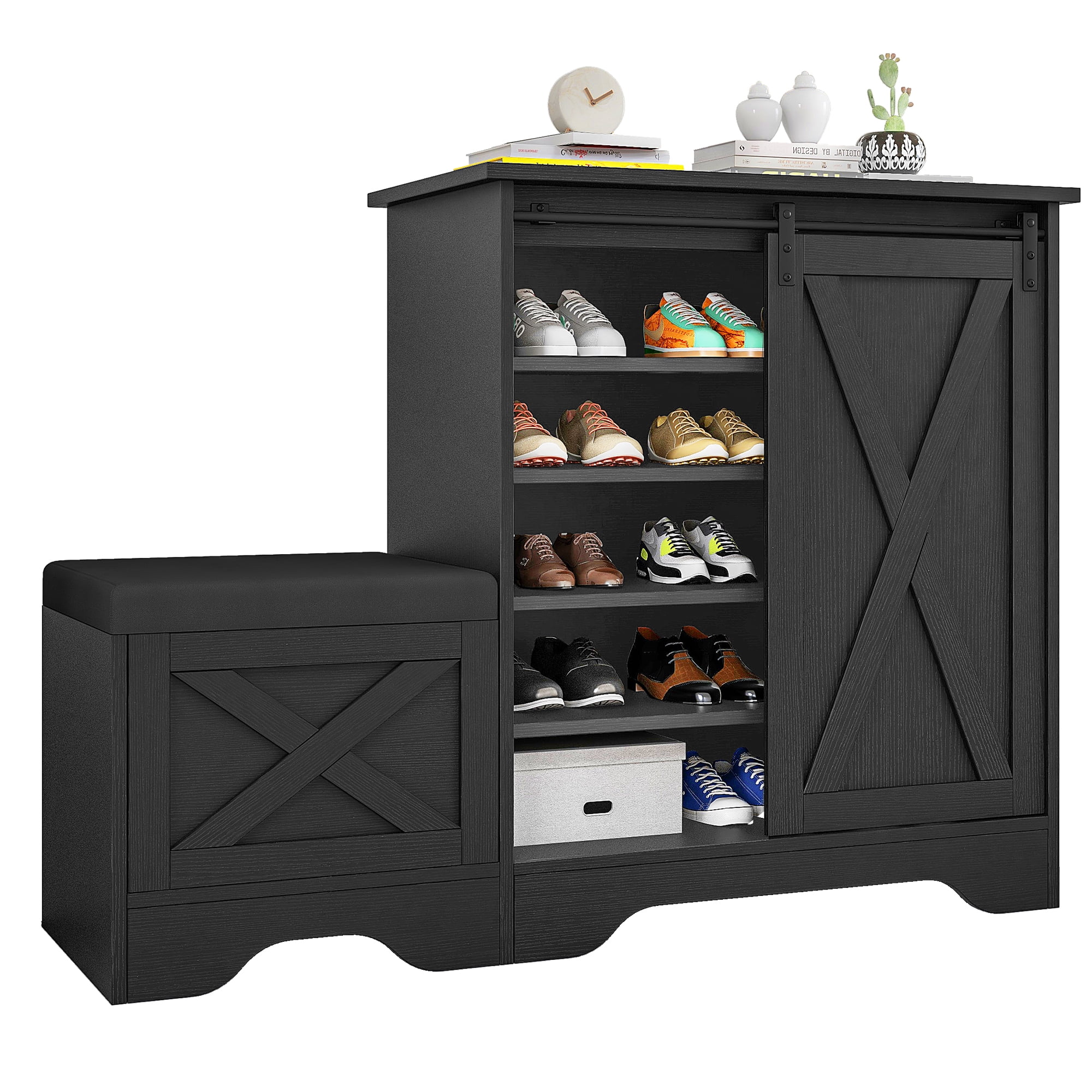 Uforic Shoe Cabinet with Sliding Door & Shoe Bench,Farmhouse Narrow Slim 5-Tier Adjustable Shoe Storage Organizer for 20 Pairs for Entryway, Foyer, Black