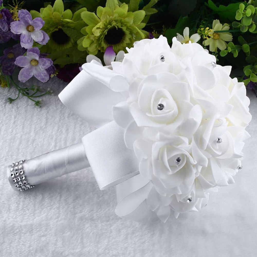 Crystal Roses Pearl Bridesmaid Wedding Bouquet Bridal Artificial Silk Flowers 