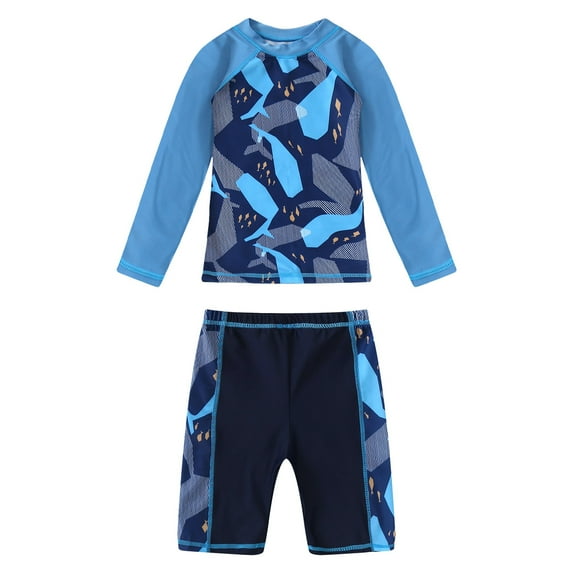 YONGHS Kids Boys Two Pieces Bathing Suit Quick Dry Rash Guard Swim Shirt with Boxer Shorts Set Navy Blue Shark 9-10