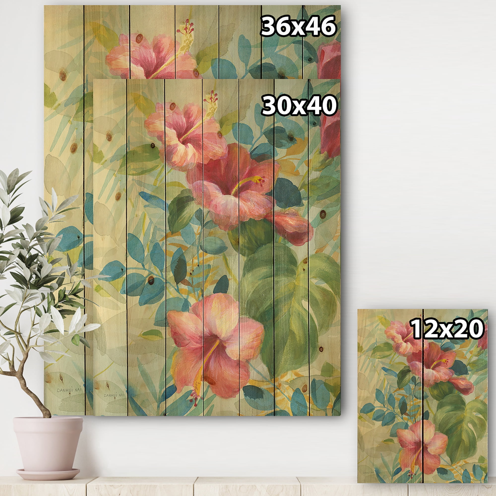 Designart 'Hibiscus Floral Garden II' Traditional Print on Natural Pine Wood