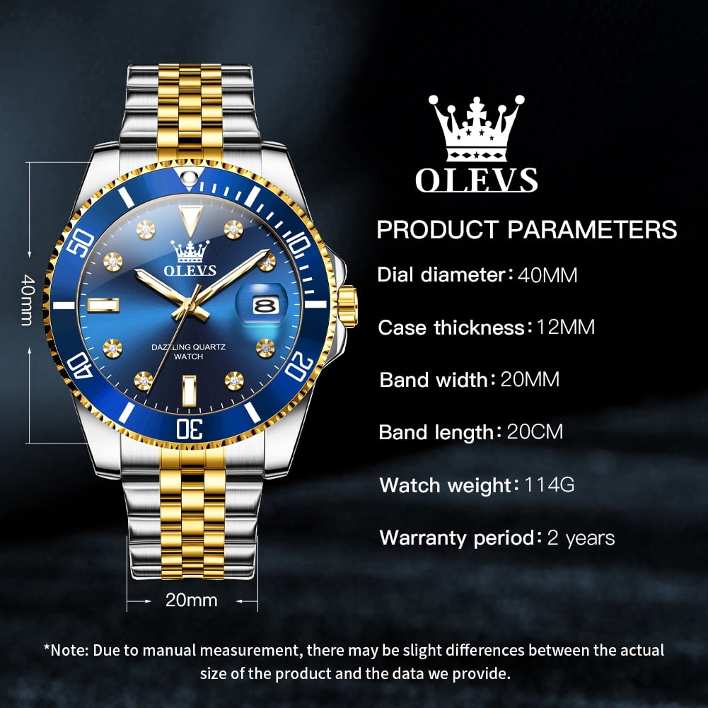 OLEVS Watch for Men Stainless Steel Business Dress Luxury Diamond Big Face Waterproof Mens Watches with Date Analog Wrist Men Watch Reloj para Hombre Blue Dial