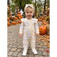 thumbnail image 5 of RUINIXCW Newborn Baby Girl Halloween Outfit Infant Baby Girl Fall Winter Clothes Waffled Romper Pumpkin Ghost Embroidery Ruffled Long Sleeve Zipper Jumpsuits Headband Set, 5 of 9