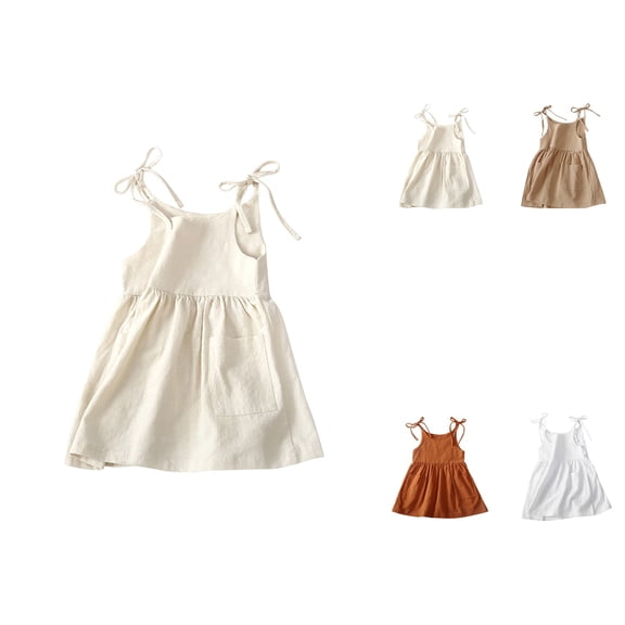 Toddler Girls Sleeveless Cotton Linen Sundress with Pockets, White Bow Straps Summer Beach Dress for Baby Princess
