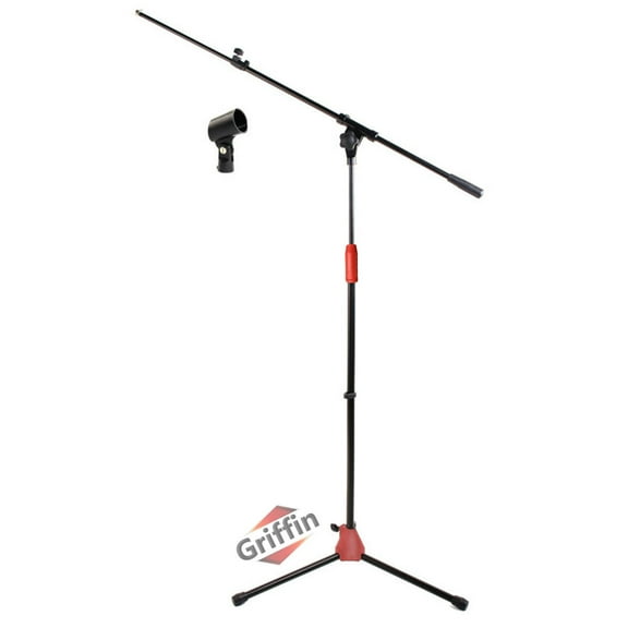 Microphone Stand with Telescoping Boom and Mic Clip Package by Griffin Tripod Quality for Studio, Karaoke, DJ Live Performances, Conferences Portable with Collapsible Legs & Removable Arm