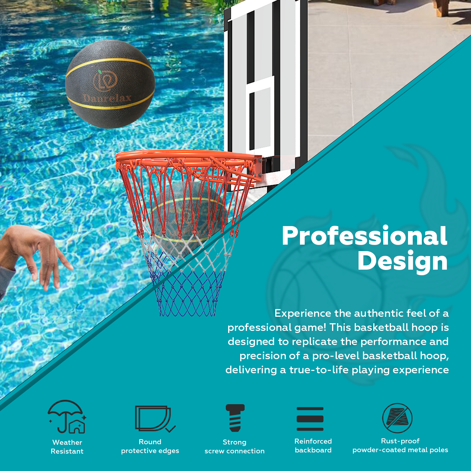 Pool Basketball Hoop, Height Adjustable 3.9" to 6.9", Black Steel Frame, Water Base, Includes Air Pump, 8-Inch Rubber Ball, Indoor & Outdoor Use