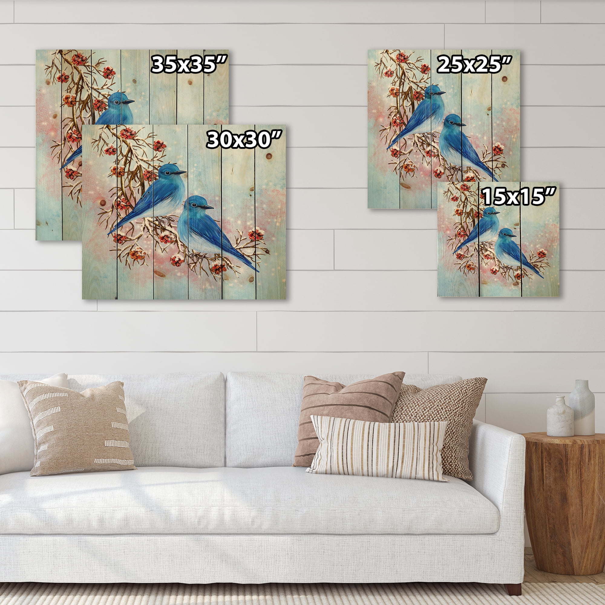 Designart 'Two Blue Birds Sitting On A Branch With Berries In Winter' Traditional Print on Natural Pine Wood