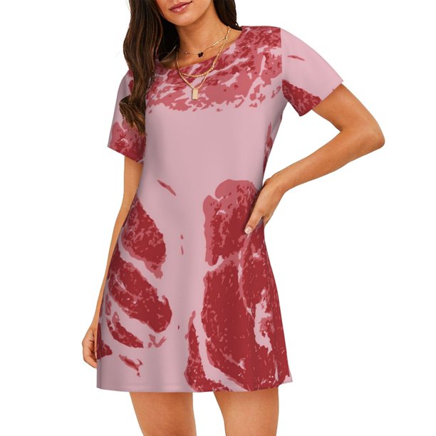 Fotbe Striped Meat Bata de Dormir para Mujer con Estampado, Camisón de Algodón de Manga Corta, Ropa de Dormir Casual