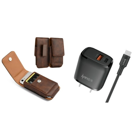 Holster and Wall Charger Bundle for Samsung Galaxy A23 5G: Vertical Magnetic Belt Pouch Case Clip (Brown) and 38W Dual Port (Power Delivery PD Type-C and USB-A) Power Adapter