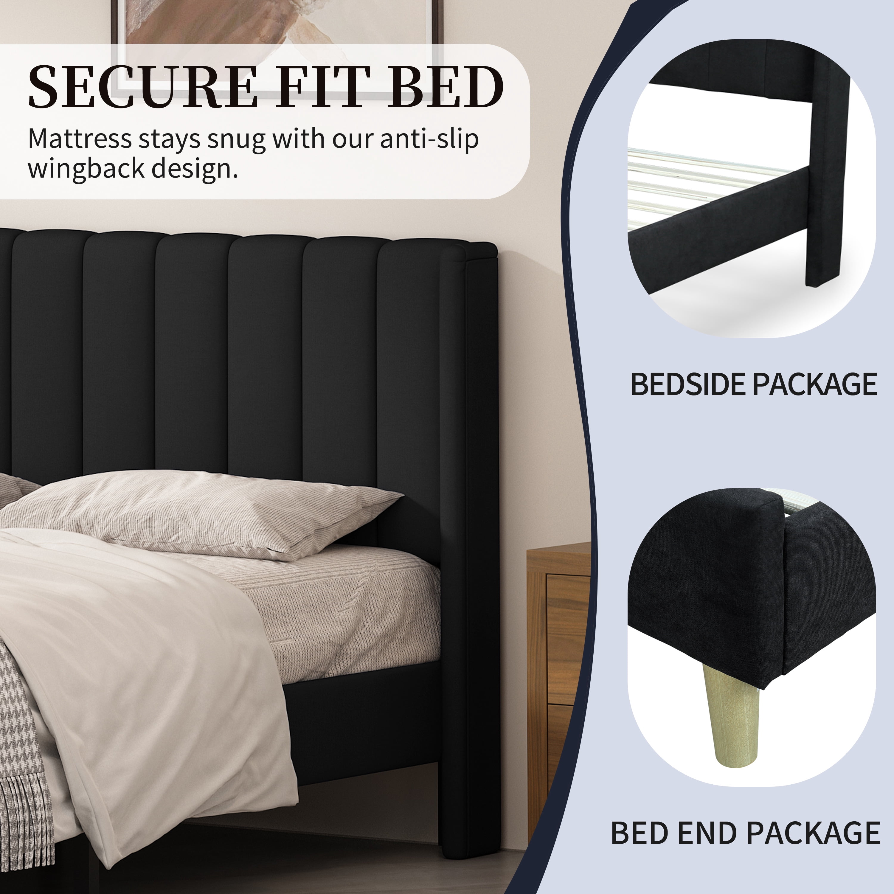 Full Size Upholstered Bed Frame,40.9" High Headboard,Strong Metal Frame,Wooden Slats Support,No Box Spring Needed,Easy Assembly,Linen Fabric,Black
