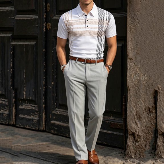 Ceisia Men's Patterned Knit Polo Shirt Short Sleeve Collared Slim Fit for Casual and Business Wear White L Gifts for Father