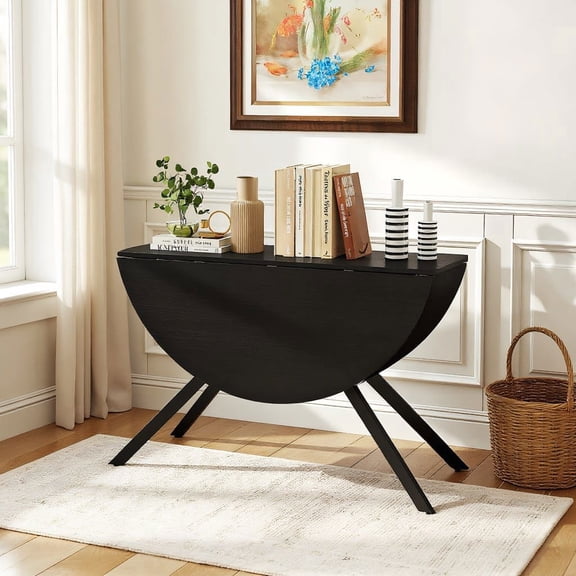 Resenkos 47 Inch Folding Extendable Round Dining Table, Drop Leaf Space-Saving Table with Anti-Slip Pad for Kitchen, Black