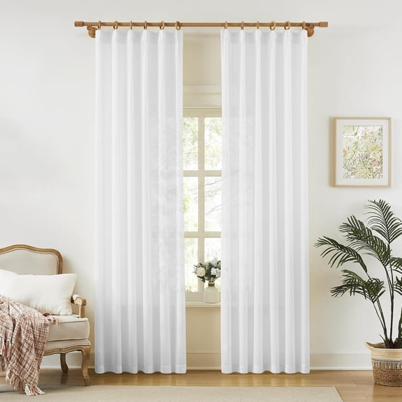 Pinch Pleat White Sheer Curtains 2 Panel Set, Natural Texture Pleated Voile Drapes for Bedroom Living Room with Hooks, Light Filtering Breathable Window Treatments
