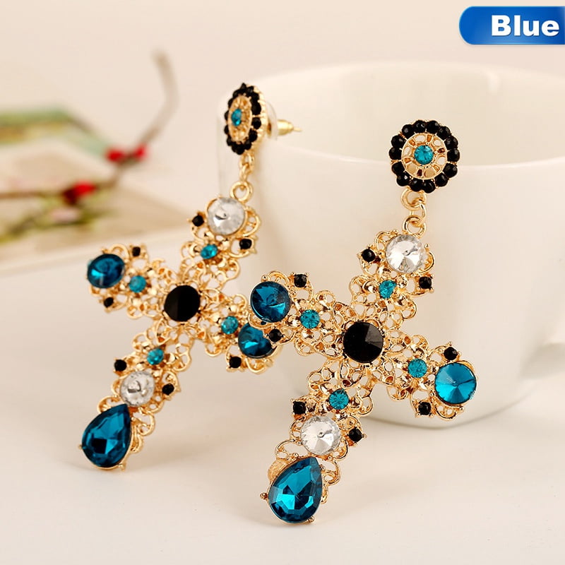 New Baroque Style Crystal Luxury Gold Cross Large Long Dangle Earrings Women