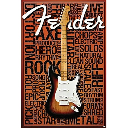 Fender Guitar Words Rock and Roll Phrases 36x24 Art Print Poster Guitar Rock and Roll Strum Star Amps Fire Metal string Tones