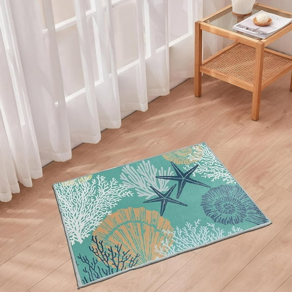 Coastal Area Rug 2x3 - Small Machine Washable Foldable Throw Rugs Non-Slip Beach Ocean Entryway Doormat Indoor Entrance Carpet for Kitchen Bathroom Laundry Bedroom Living Room, Teal