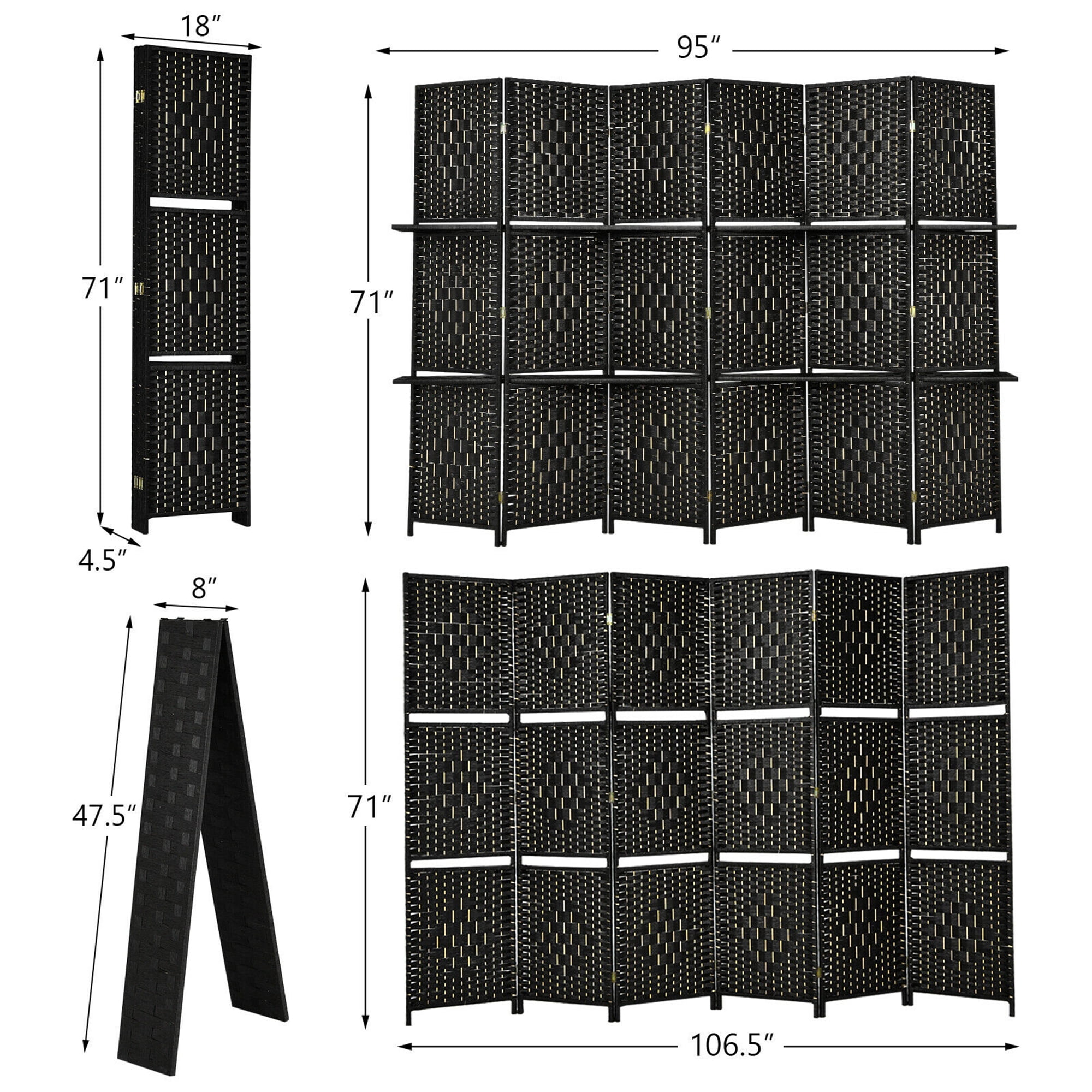 Gymax 6 Panel Folding Room Divider 6Ft Weave Fiber Privacy Screen W/ 2 Display Shelves Black